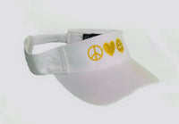 white visor with gold peace, love, pb