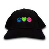 black hat with bright peace, love, pb