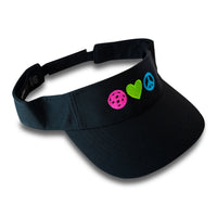 black visor with bright peace, love, pb
