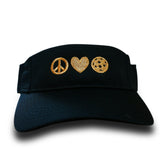 black visor with gold peace, love, pb